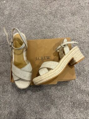NWT Women’s J. Crew Linen-Cream/ Gold Espadrille Heeled Platform Sandals Size 8